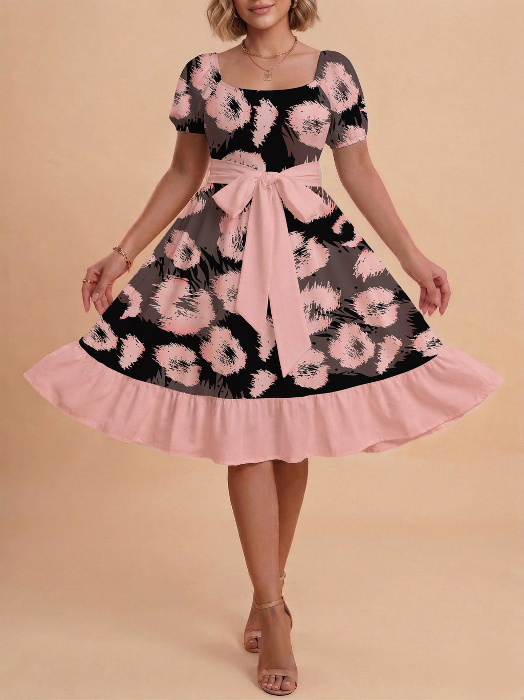 Damen Sommerliches Blumenkleid mit taillierbarem Gürtel und voluminösen Ärmeln