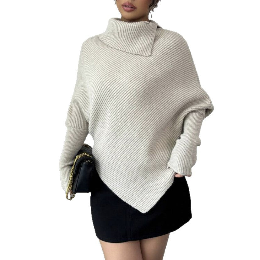 Damen Asymmetrischer Rippenstrick-Poncho mit hohem Rollkragen und verlängerten Ärmeln Shop Nory