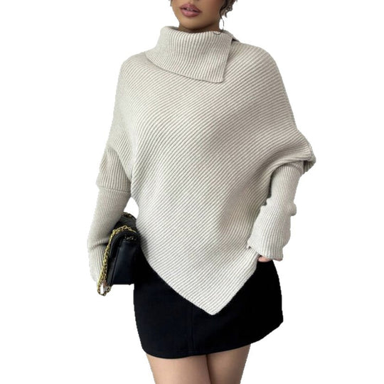 Damen Asymmetrischer Rippenstrick-Poncho mit hohem Rollkragen und verlängerten Ärmeln Shop Nory