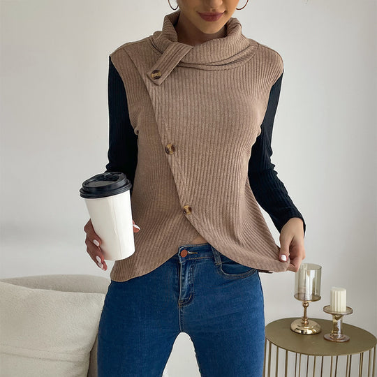 Damen Asymmetrisches Rippenstrick-Layering-Top mit Rollkragen und Zierknopfleiste Shop Nory