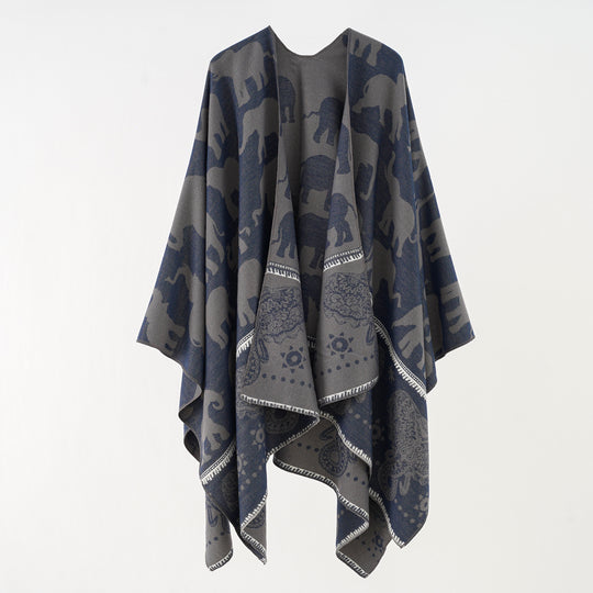 Damen Jacquard‑Ruana mit Elefantenmotiv und ornamentaler Bordüre Shop Nory