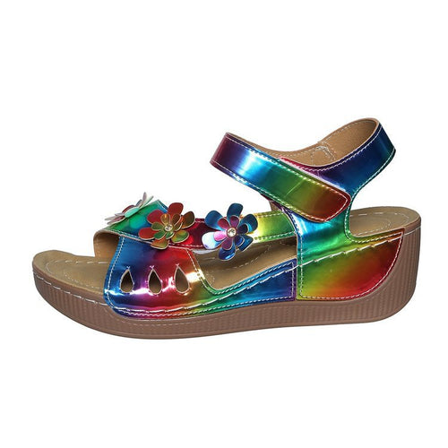 Damen Bequeme Sandalen mit Klettverschluss, gepolstertem Fußbett und Blütenapplikation Shop Nory