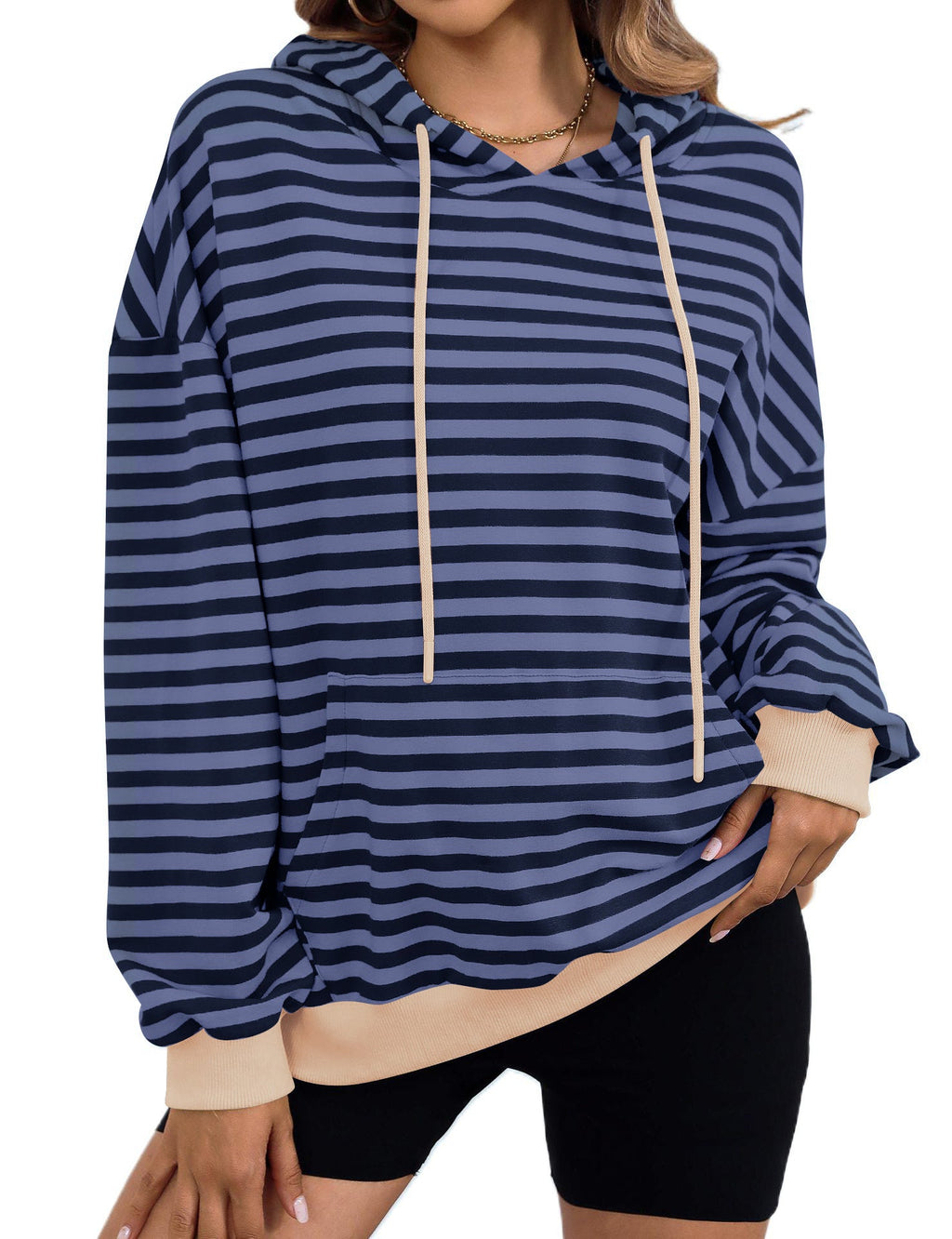Damen gestreifter Kapuzenpullover mit stylischer Kängurutasche