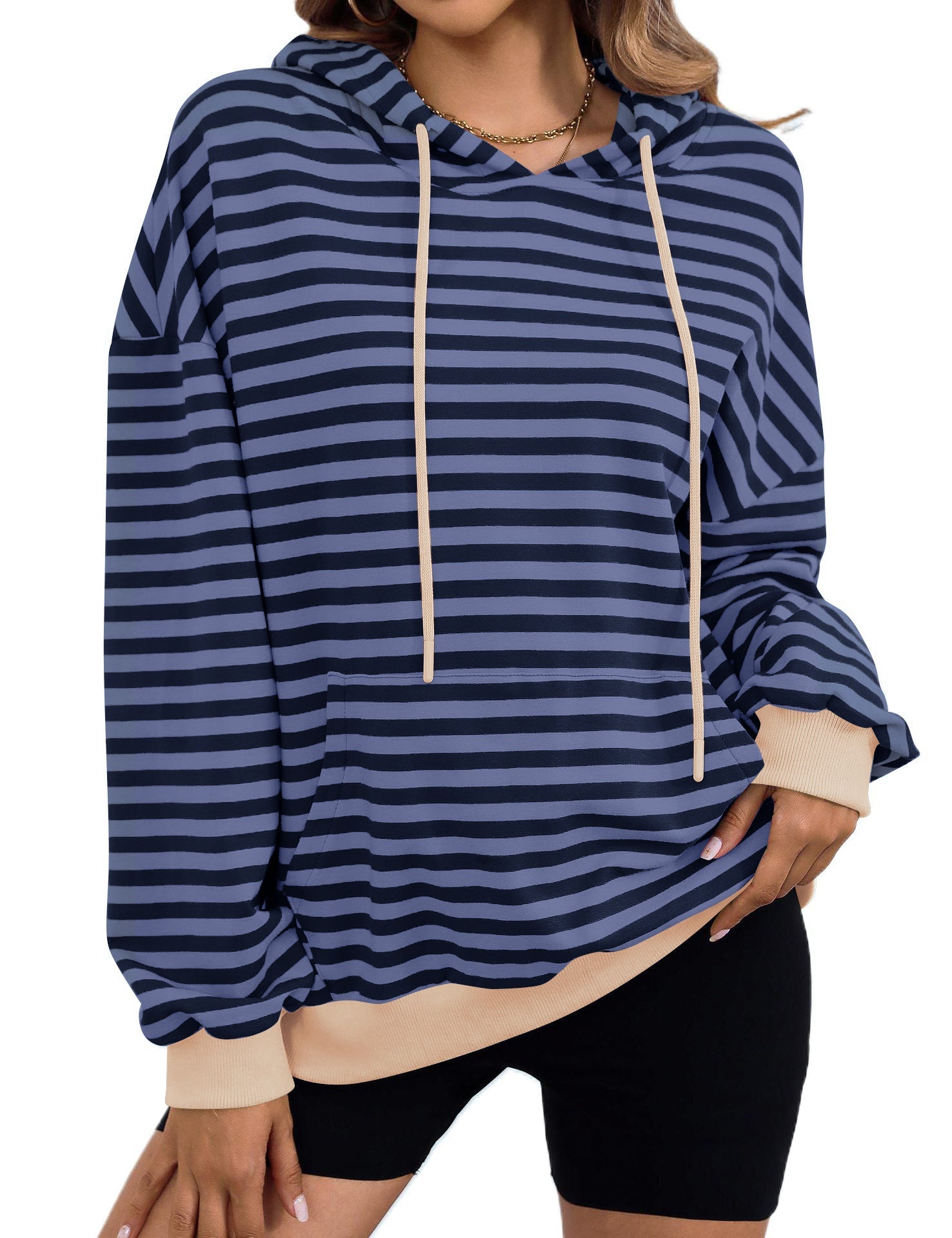 Damen gestreifter Kapuzenpullover mit stylischer Kängurutasche