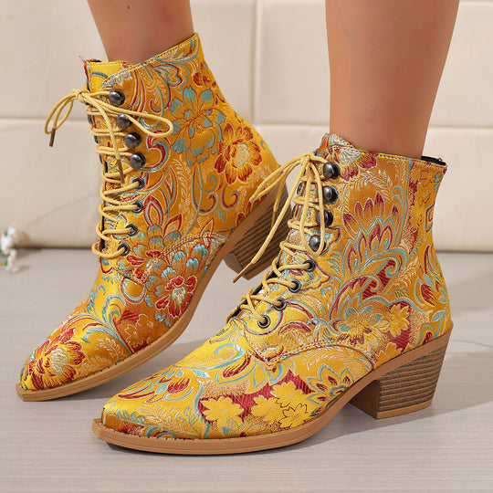 Damen bestickte Schnür-Stiefelette mit Jacquard-Brokatmuster und niedrigem Blockabsatz Shop Nory