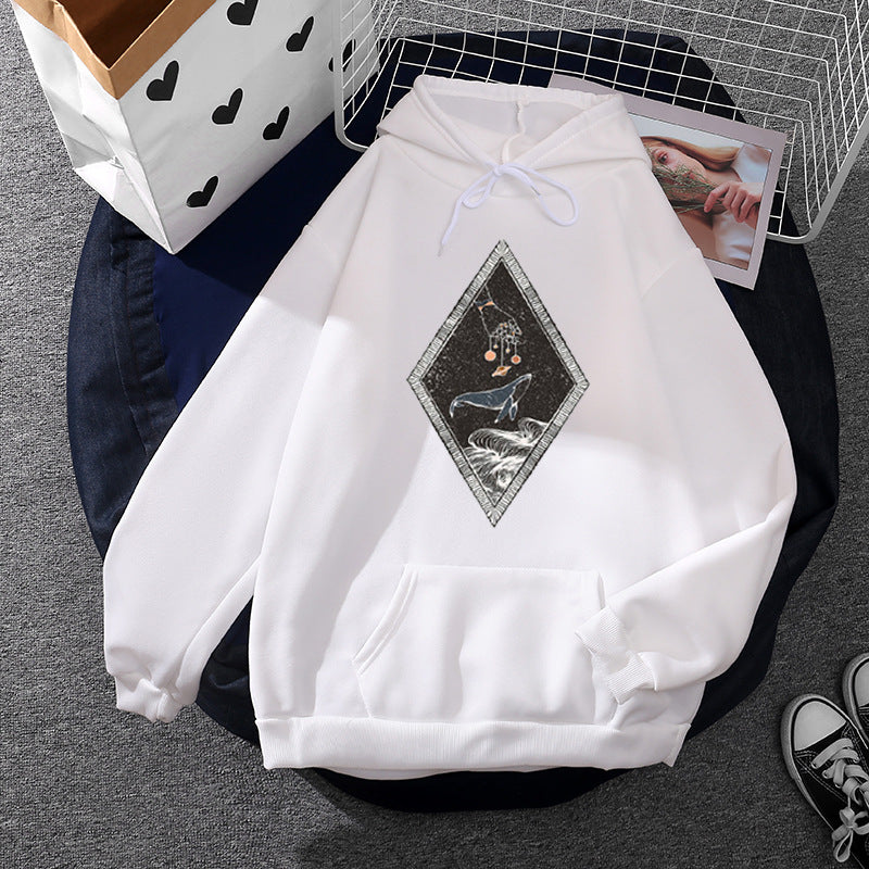 Damen nan Oversize Kapuzenpullover mit aufgenähter Wal-Patchapplikation, Kängurutasche und fleecegefüttertem Innenfutter Shop Nory