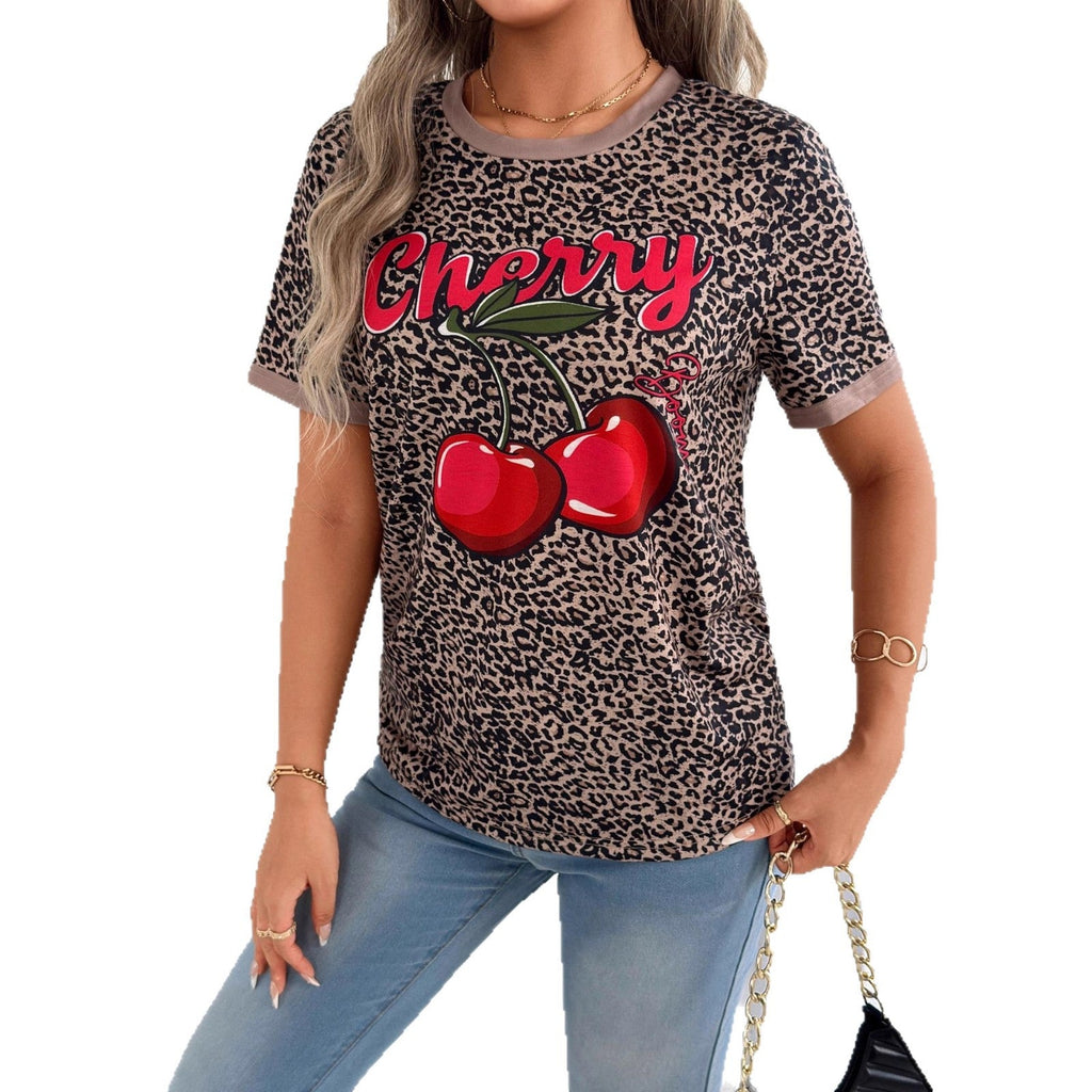 Damen lässiges T-Shirt mit Leopardenmuster und frischem Kirschen-Print