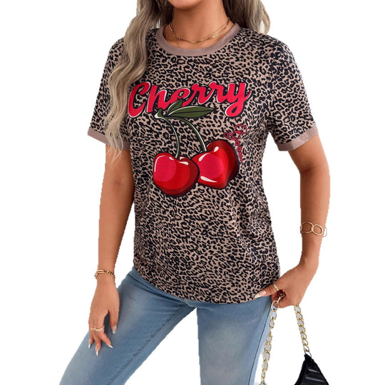 Damen lässiges T-Shirt mit Leopardenmuster und frischem Kirschen-Print