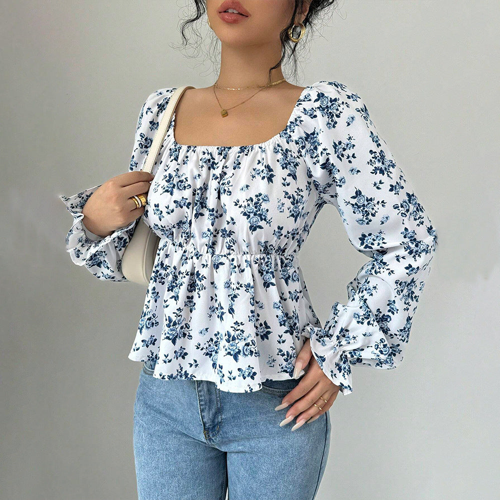 Damen geblümtes Carmen-Top mit geraffter Taillenlinie und Volant-Saum Shop Nory