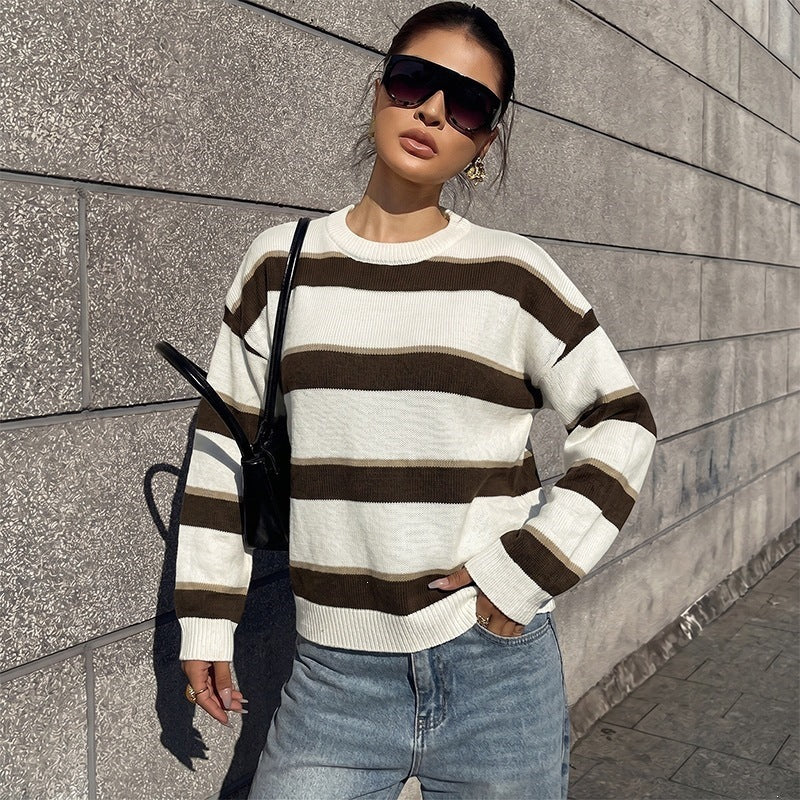 Damen Lockerer Maritim-inspirierter Oversize-Strickpullover mit breiten Blockstreifen und gerippten Bündchen Shop Nory