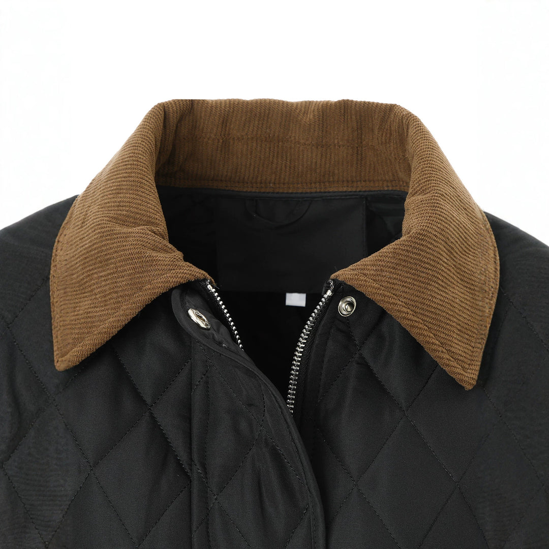Damen Lange Steppjacke-Mantel mit tailliertem Gürtel und Kontrast-Cordkragen Shop Nory