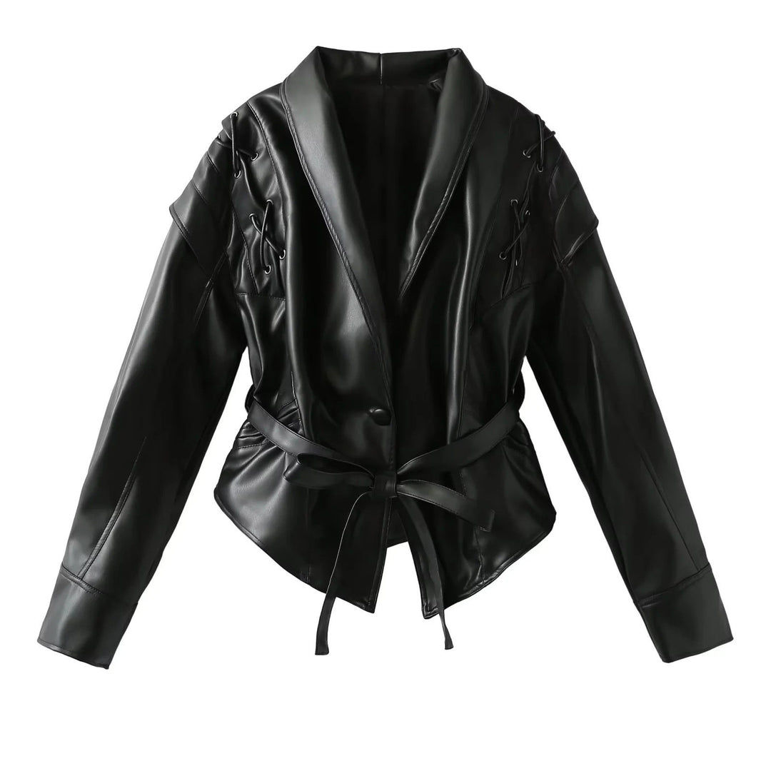 Damen Kurzjacke aus Wildlederoptik mit Wickelgürtel, Schalkragen und Schnürdetail Shop Nory