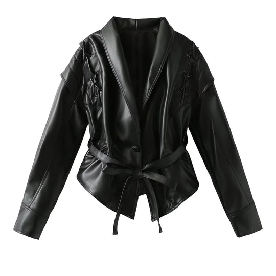 Damen Kurzjacke aus Wildlederoptik mit Wickelgürtel, Schalkragen und Schnürdetail Shop Nory