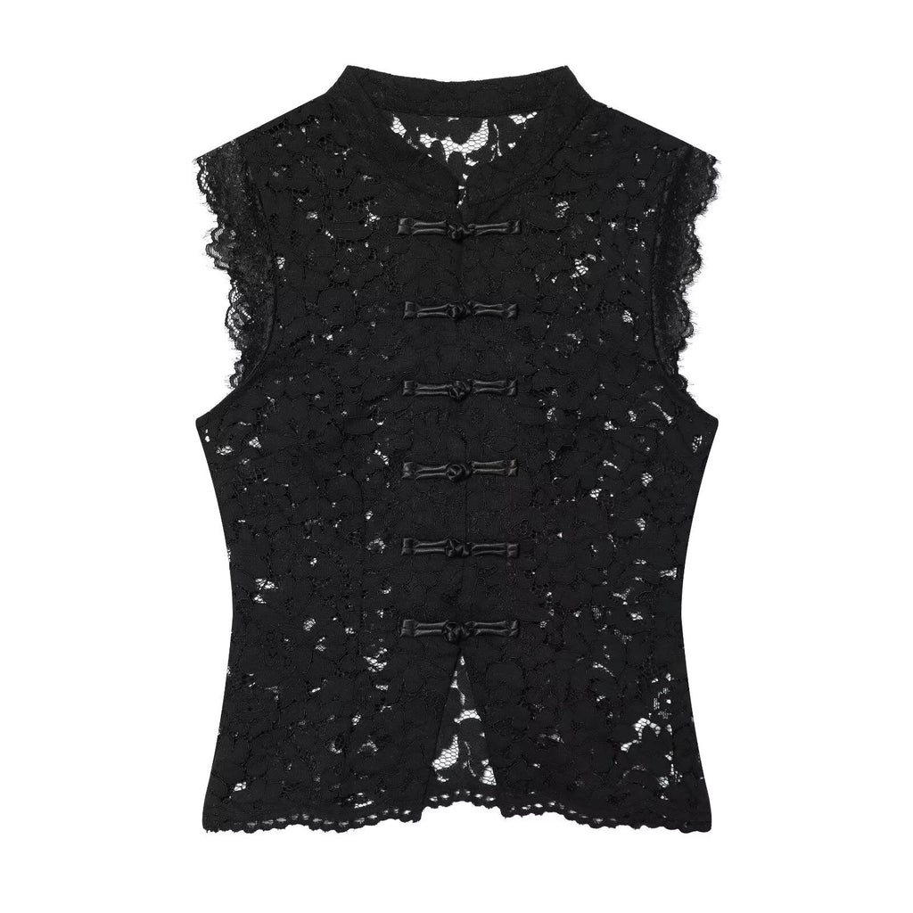 Damen-Spitzenoberteil mit traditionellem Stehkragen und eleganten Knopfdetails
