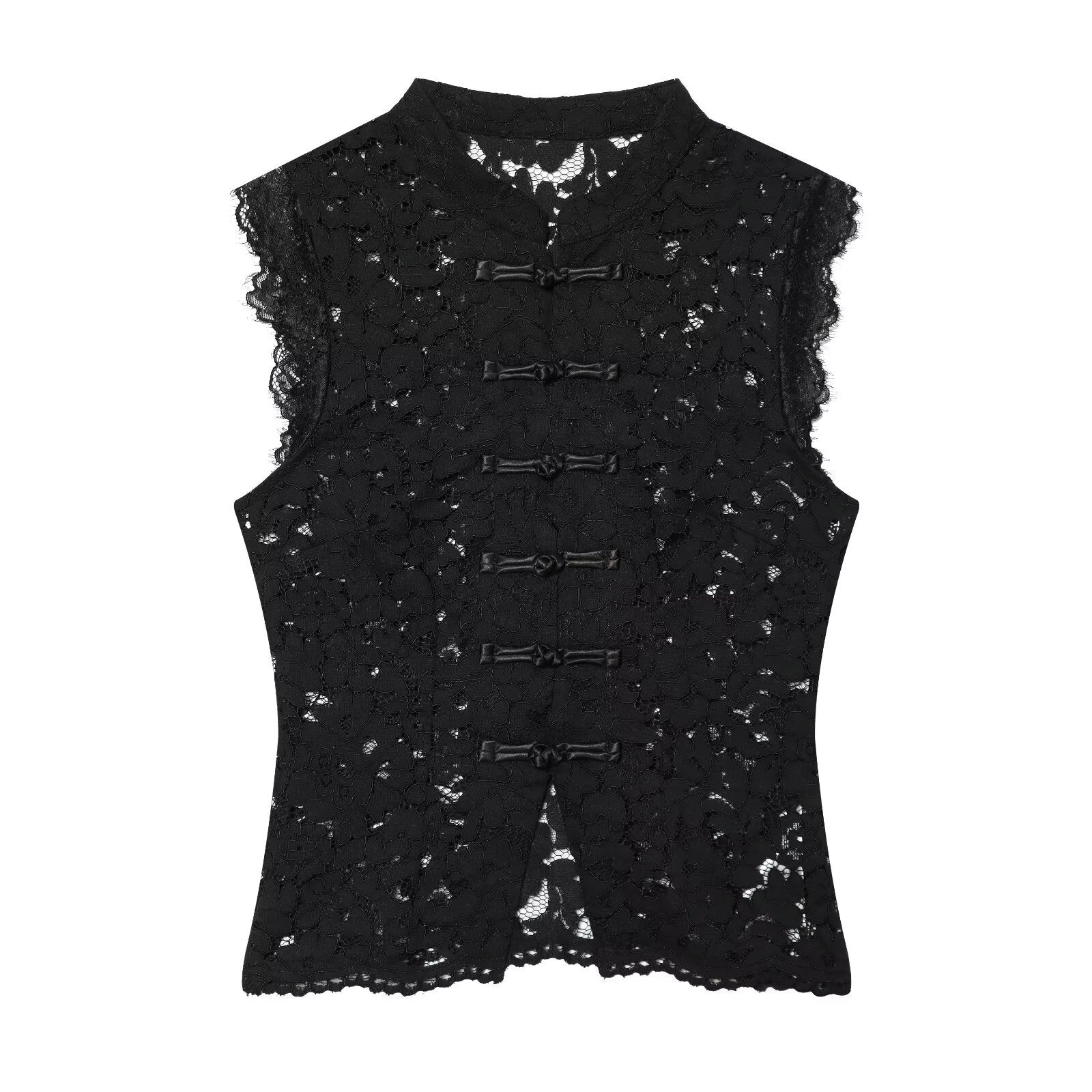 Damen-Spitzenoberteil mit traditionellem Stehkragen und eleganten Knopfdetails