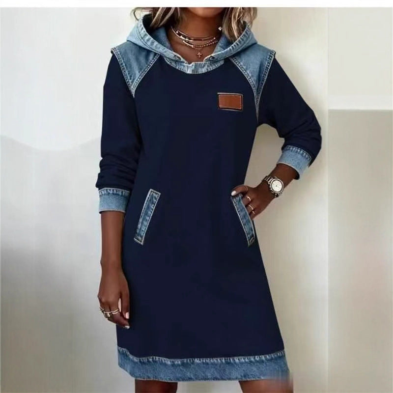 Damen nan Kapuzen-Sweatkleid mit Jeans-Applikationen, Kängurutaschen und lässigem Schnitt Shop Nory