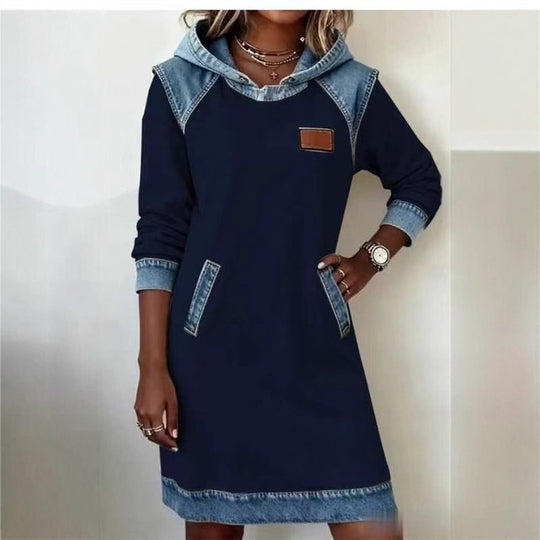 Damen nan Kapuzen-Sweatkleid mit Jeans-Applikationen, Kängurutaschen und lässigem Schnitt Shop Nory