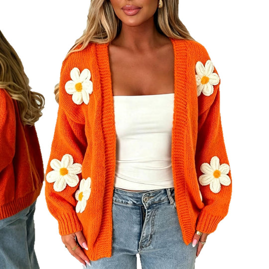Damen Oversize-Strickcardigan mit 3D-Blumenapplikationen und geripptem Saum Shop Nory