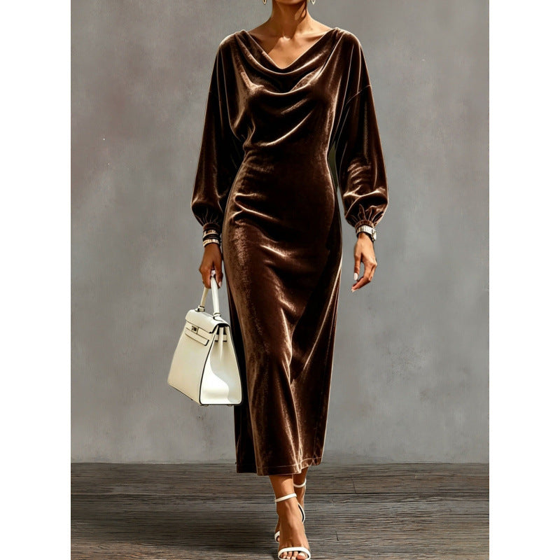 Damen Midikleid aus Samt mit drapiertem Wasserfallkragen und Ballonärmeln Shop Nory