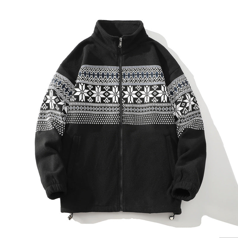 Unisex Norwegermuster-Fleecejacke mit Stehkragen, durchgehendem Reißverschluss und Kordelzug Shop Nory
