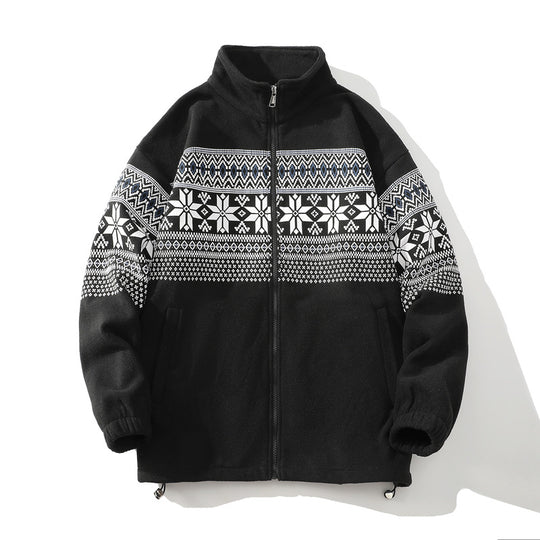 Unisex Norwegermuster-Fleecejacke mit Stehkragen, durchgehendem Reißverschluss und Kordelzug Shop Nory