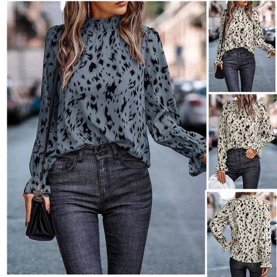 Damen Langarm-Chiffonbluse mit gerafftem Stehkragen und Fleckenmuster Shop Nory