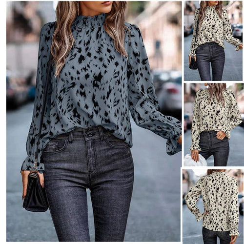 Damen Langarm-Chiffonbluse mit gerafftem Stehkragen und Fleckenmuster Shop Nory