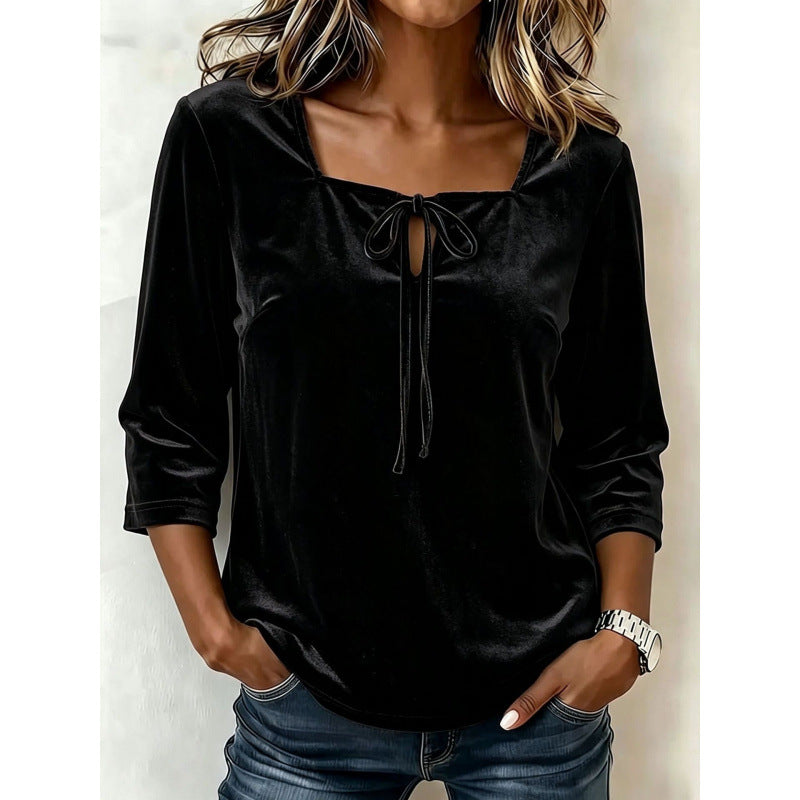 Damen Samtbluse mit eckigem Ausschnitt, Kordelzug und dreiviertel Ärmeln Shop Nory