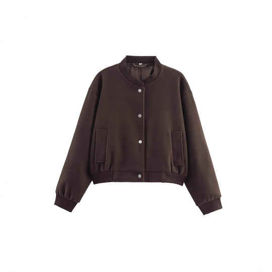 Damen Kurzgeschnittene Wollmix Bomberjacke mit Druckknöpfen und Rippbündchen Shop Nory