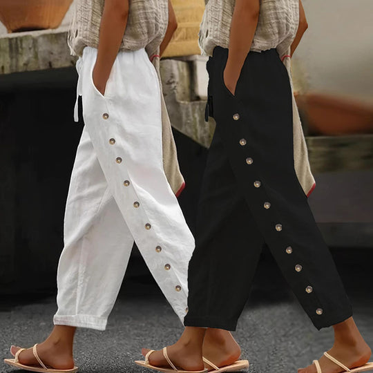 Damen Leichte Leinenhose mit hoher Taille, Kordelzug und seitlicher Druckknopf-Detailierung Shop Nory