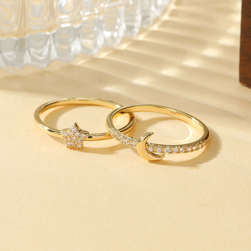 Damen Ring Set mit funkelndem Stern und mondförmigen Design Shop Nory