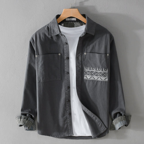 Herren Baumwoll-Overshirt mit Kontrastfutter, Brusttaschen und feiner Stickerei Shop Nory