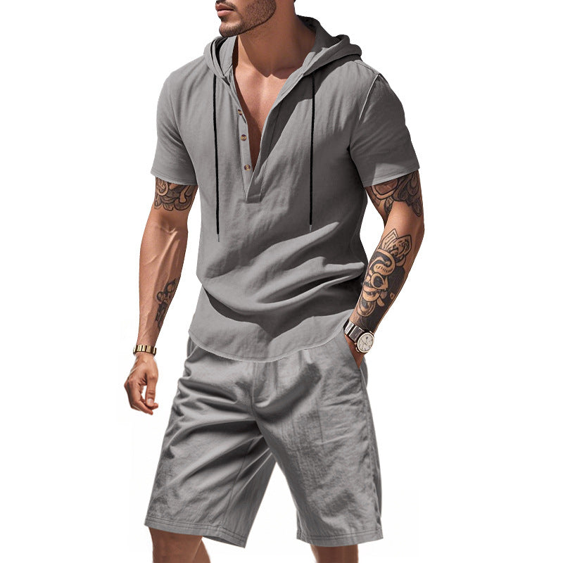 Herren lässiges Kurzarmhemd mit Kapuze und Shorts