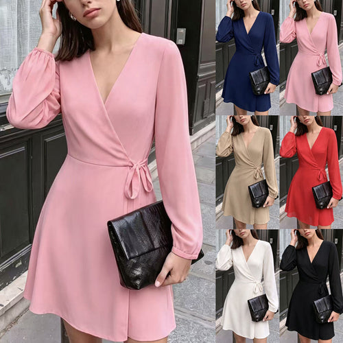 Damen Elegantes Wickel-Minikleid mit tiefem V-Ausschnitt und langen Ärmeln Shop Nory