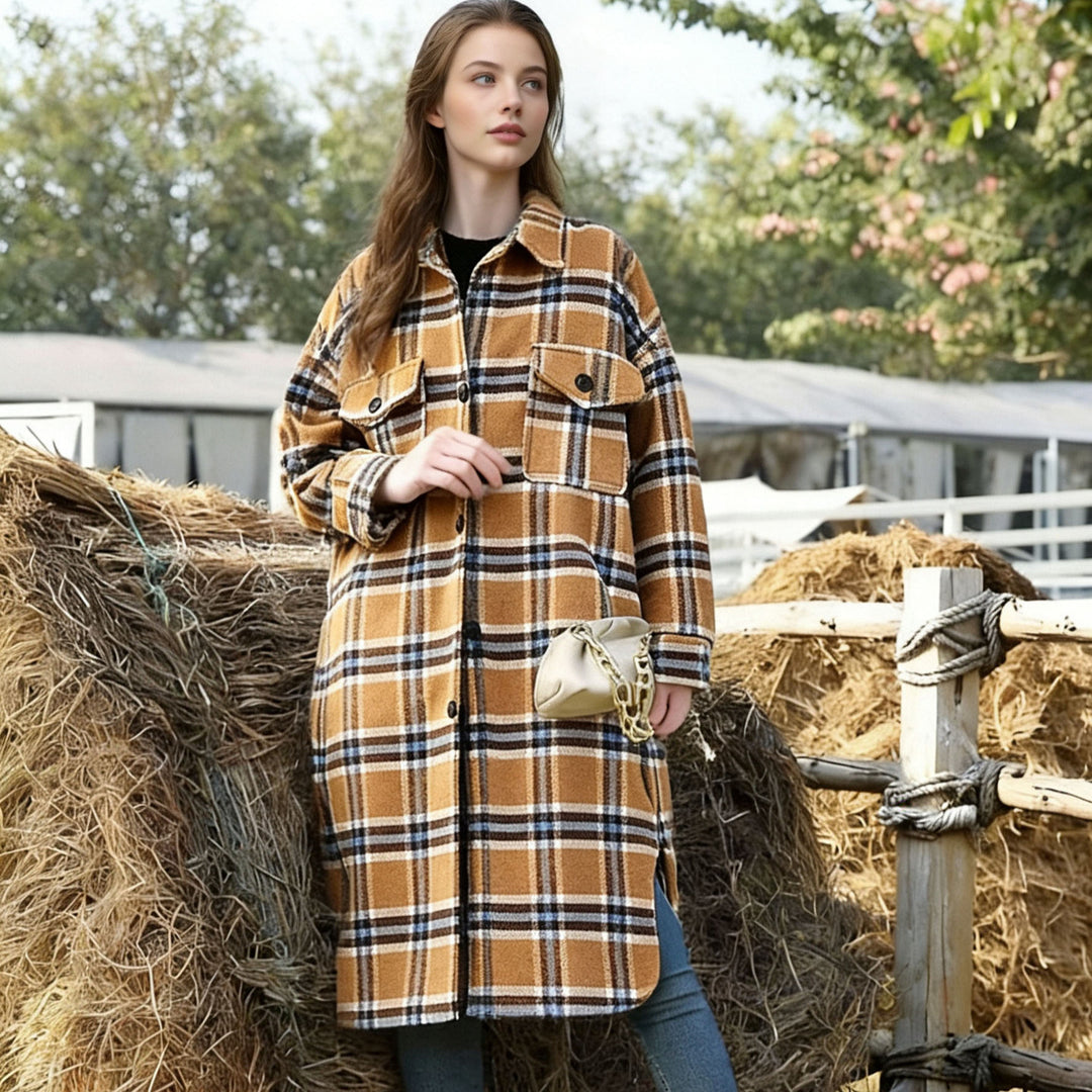 Damen Oversize Karo-Hemdjacke im Longline-Cut mit aufgesetzten Brusttaschen Shop Nory