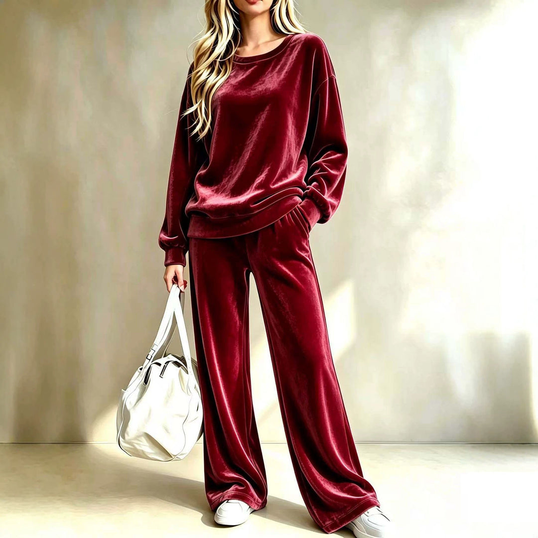 Damen Weiches Velours-Loungewear-Set mit weitem Bein und Rundhalsausschnitt Shop Nory