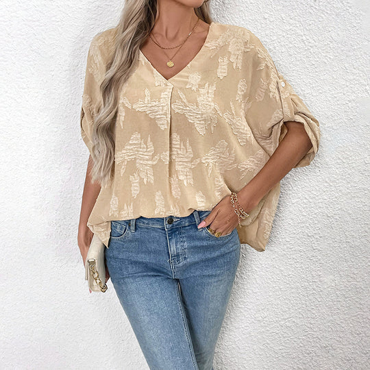 Damen leichte Oversize V-Neck Bluse mit strukturiertem Jacquardmuster und krempelbaren Ärmeln Shop Nory