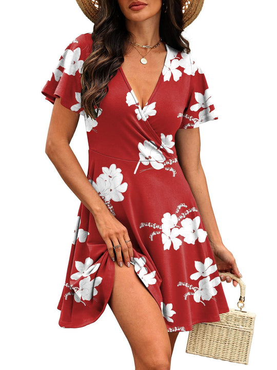Damen Kurzärmeliges Wickelkleid mit floralen Mustern und V-Ausschnitt