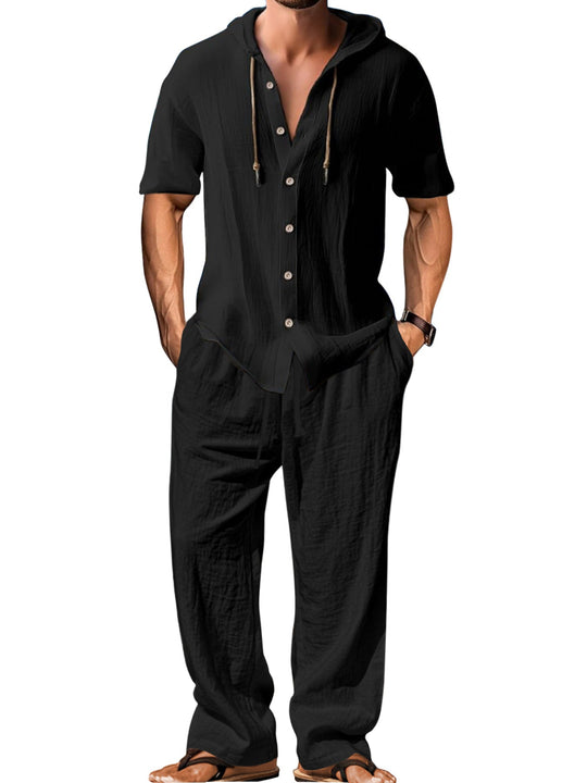 Herren nan luftiges Leinen-Lounge-Set mit kurzärmeligem Kapuzenhemd und gerader Relaxhose