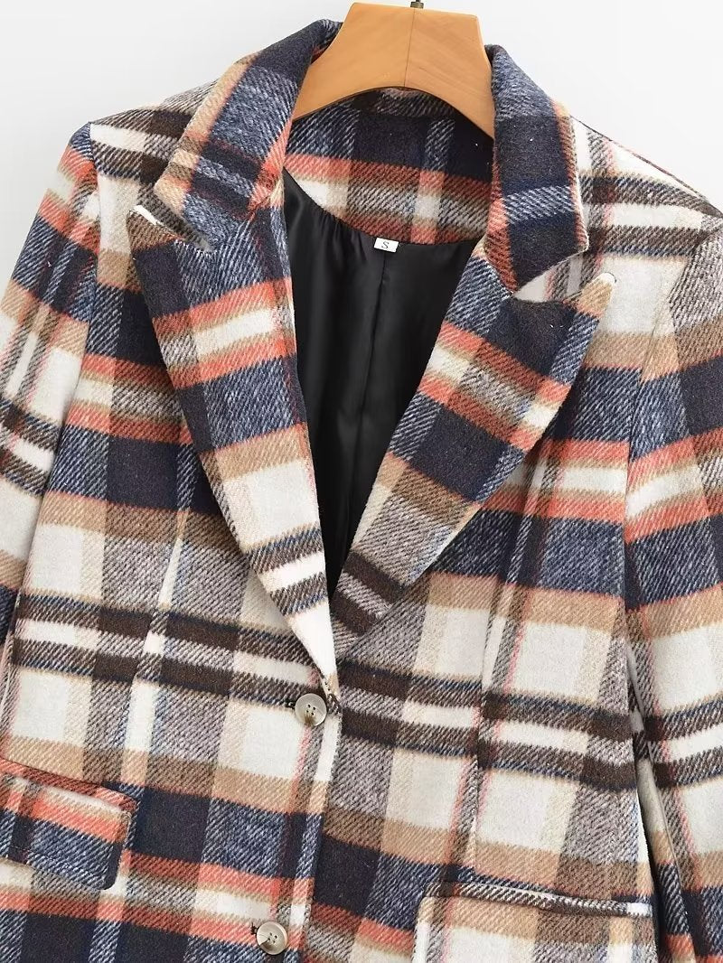 Damen Karierter Wollmix-Einreiher Blazer mit Reverskragen und Pattentaschen Shop Nory