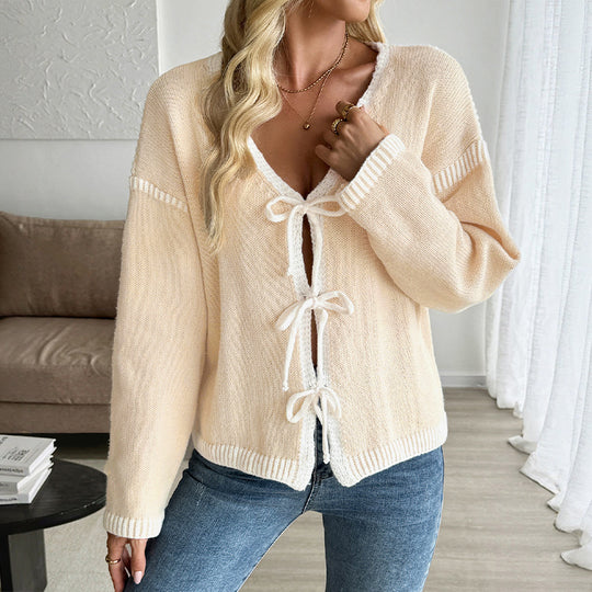 Damen Strickcardigan mit Schleifenverschluss und tiefem V-Ausschnitt Shop Nory