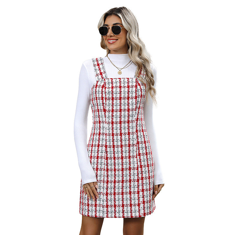 Damen Tweed-Trägerkleid mit eckigem Ausschnitt und figurbetonter A-Linie Shop Nory