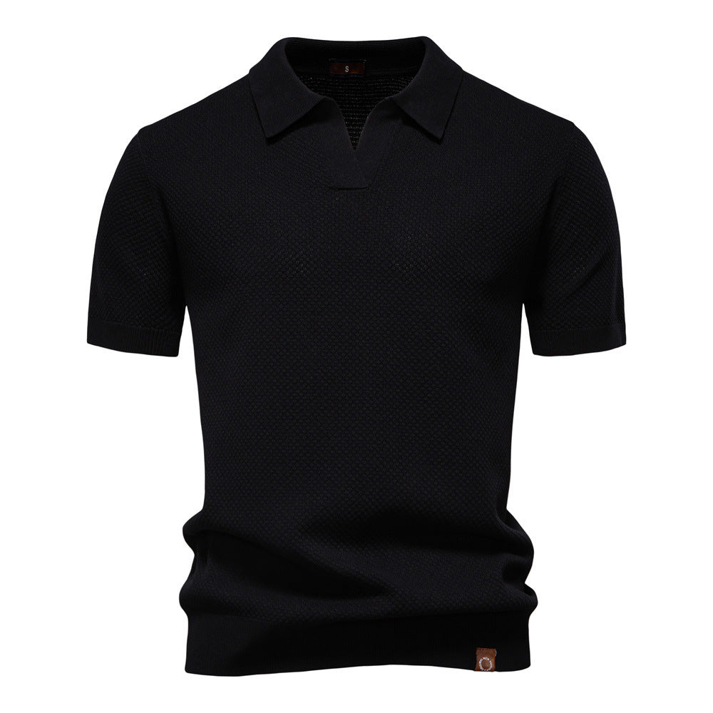 Herren nan strukturiertes Feinstrickpoloshirt mit offenem Reverskragen