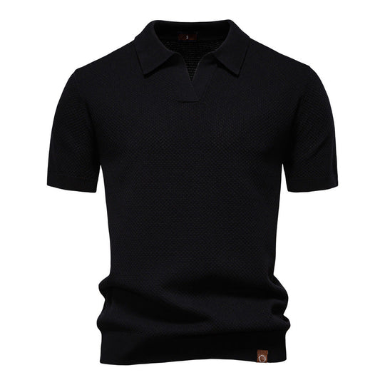 Herren nan strukturiertes Feinstrickpoloshirt mit offenem Reverskragen