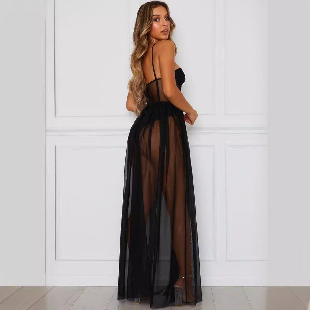 Damen aufregendes Spitzen-Negligé mit verführerischem tiefem V-Ausschnitt und transparenter Silhouette