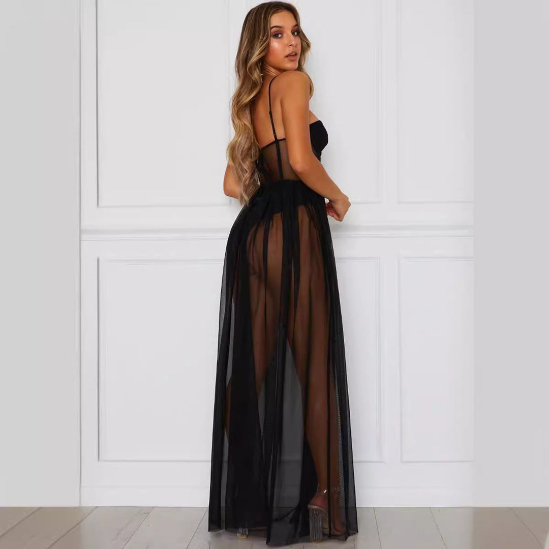 Damen aufregendes Spitzen-Negligé mit verführerischem tiefem V-Ausschnitt und transparenter Silhouette