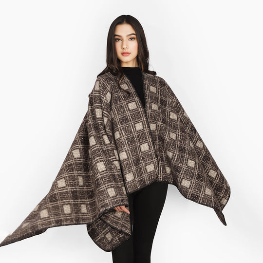 Damen Strukturierter Wollmix-Poncho im Ruana‑Schnitt mit kastiger Silhouette und Karo-Jacquard Shop Nory