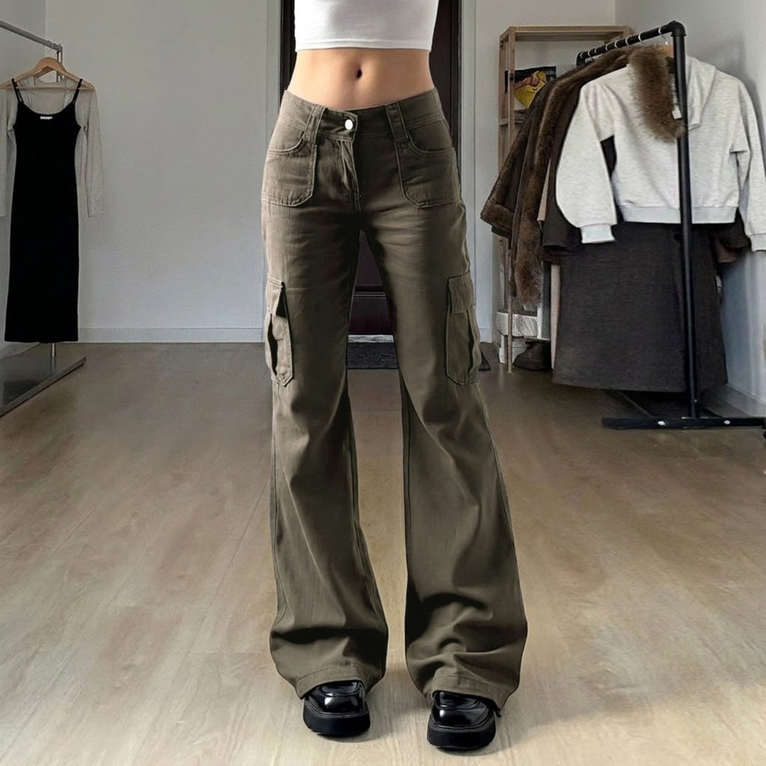 Damen nan Cargo-Flared-Hose mit hochgeschnittener Taille, aufgesetzten Beintaschen und ausgestelltem Bein Shop Nory