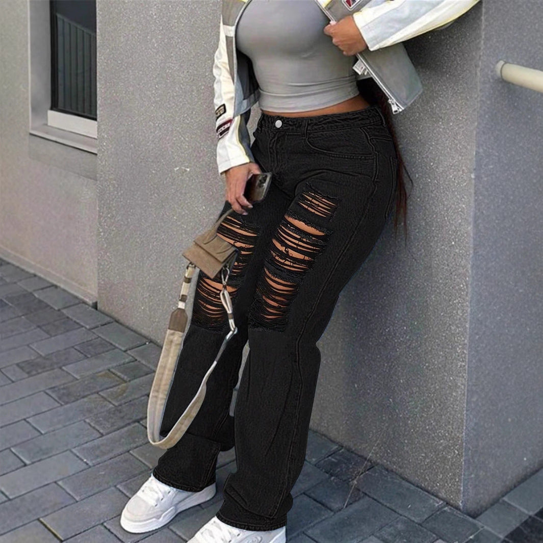 Damen weite Destroyed-Denim-Jeans mit hoher Taille und starkem Ripped-Look Shop Nory