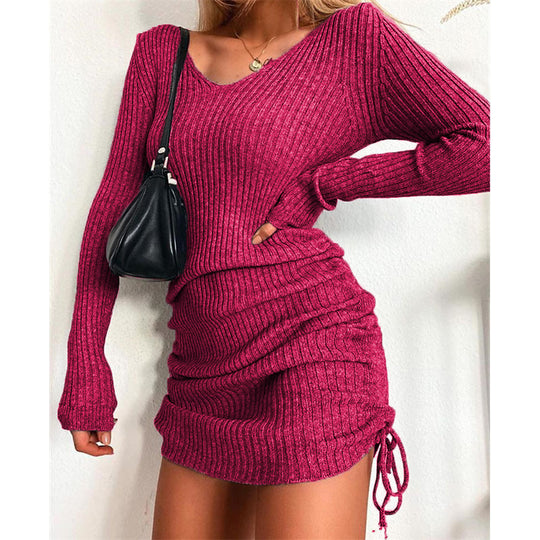 Damen Figurbetontes Rippstrick-Minikleid mit langen Ärmeln und seitlicher Raffung Shop Nory